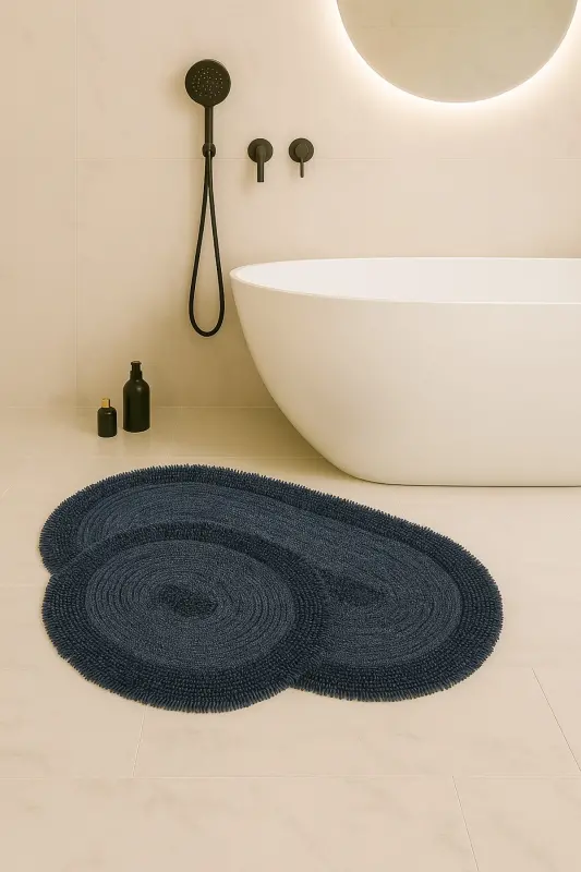 Macoroni Oval Antrasit 2'li Banyo Paspası Seti %100 Pamuklu Banyo Halısı Klozet Takımı-Antrasit - DOKUMACIOĞLU