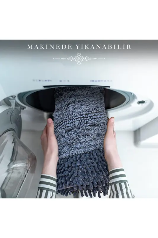 Macoroni Oval Antrasit 2'li Banyo Paspası Seti %100 Pamuklu Banyo Halısı Klozet Takımı-Antrasit - 6