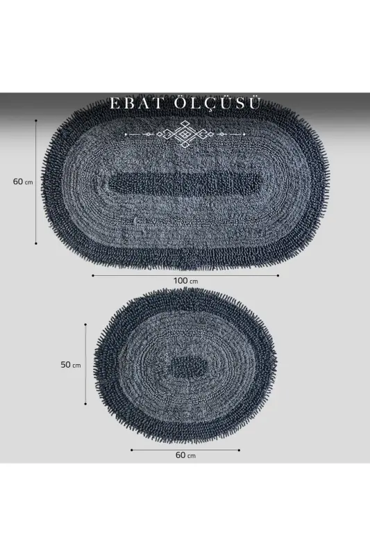 Macoroni Oval Antrasit 2'li Banyo Paspası Seti %100 Pamuklu Banyo Halısı Klozet Takımı-Antrasit - 7