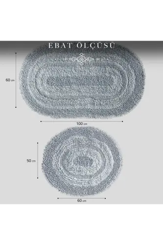Macoroni Oval Gri 2'li Banyo Paspası Seti %100 Pamuklu Banyo Halısı Klozet Takımı-Gri - 7