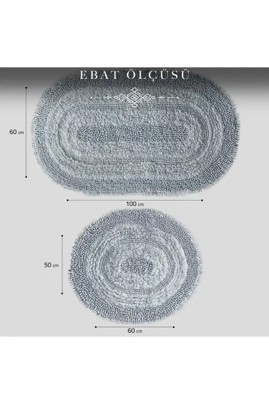 Macoroni Oval Gri 2'li Banyo Paspası Seti %100 Pamuklu Banyo Halısı Klozet Takımı-Gri - 7