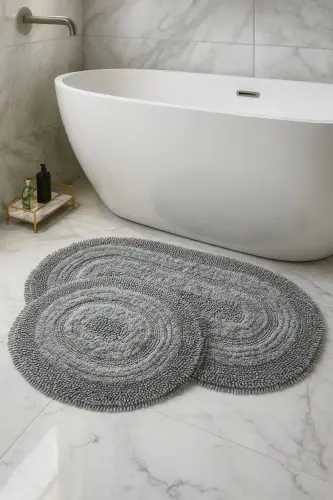 Macoroni Oval Gri 2'li Banyo Paspası Seti %100 Pamuklu Banyo Halısı Klozet Takımı - Gri 