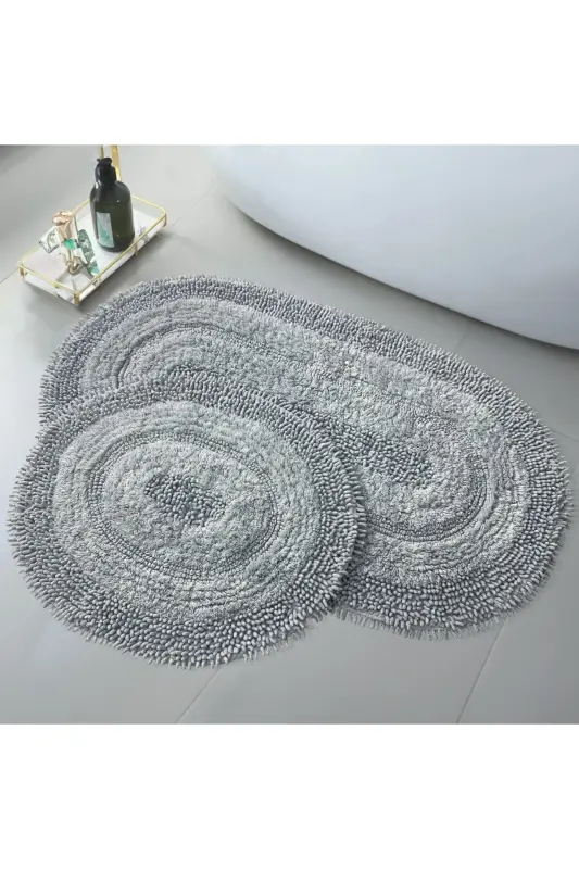 Macoroni Oval Gri 2'li Banyo Paspası Seti Doğal Pamuklu Banyo Halısı Klozet Takımı-Gri - 1
