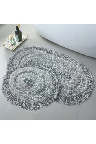 Macoroni Oval Gri 2'li Banyo Paspası Seti Doğal Pamuklu Banyo Halısı Klozet Takımı-Gri 