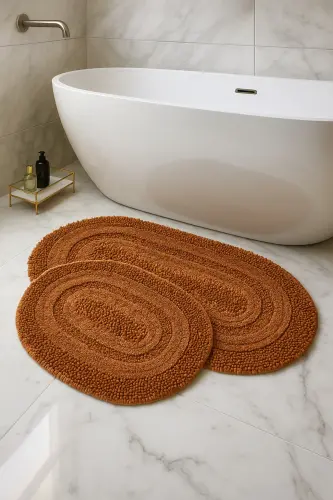 Macoroni Oval Kahve 2'li Banyo Paspası Seti %100 Pamuklu Banyo Halısı Klozet Takımı-Kahve - 1