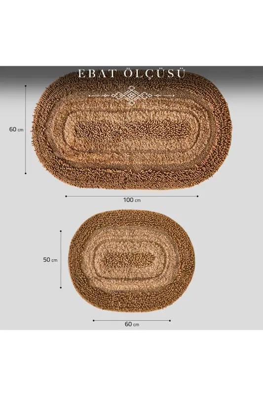 Macoroni Oval Kahve 2'li Banyo Paspası Seti %100 Pamuklu Banyo Halısı Klozet Takımı-Kahve - 7