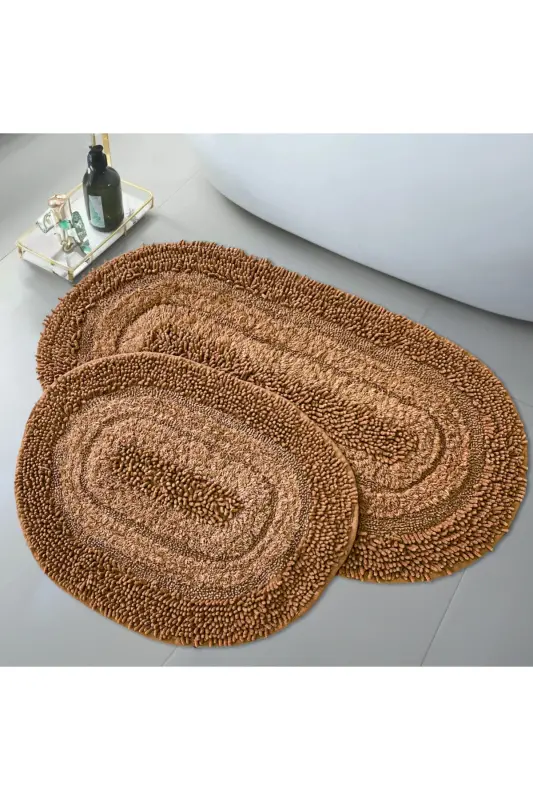 Macoroni Oval Kahve 2'li Banyo Paspası Seti Doğal Pamuklu Banyo Halısı Klozet Takımı-Kahve - AVANTAJ