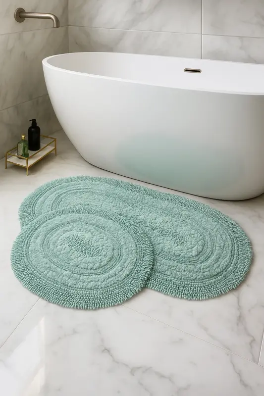 Macoroni Oval Mint 2'li Banyo Paspası Seti %100 Pamuklu Banyo Halısı Klozet Takımı-Mint - 1