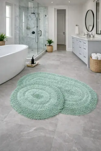 Macoroni Oval Mint 2'li Banyo Paspası Seti Doğal Pamuklu Banyo Halısı Klozet Takımı - Mint - 1