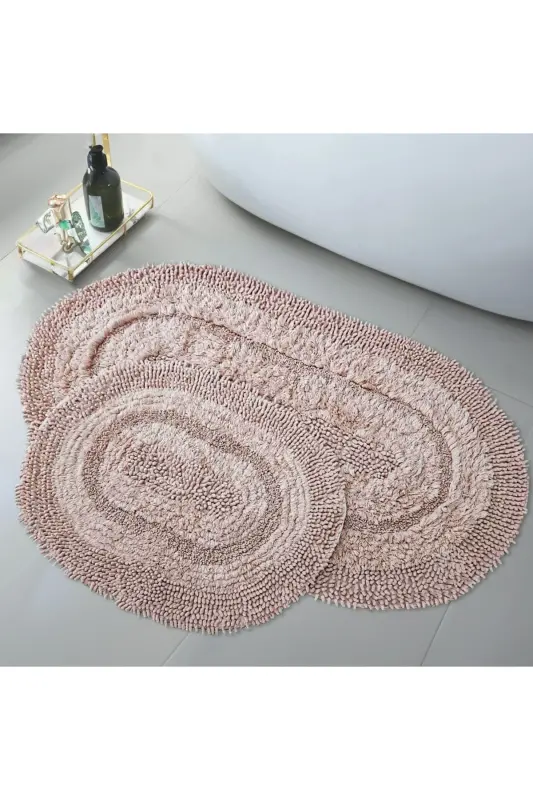 Macoroni Oval Powder 2-Piece Bath Mat Set Natural Cotton Bath Rug Toilet Seat Cover-Powder - 1