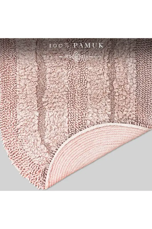 Macoroni Oval Pudra 2'li Banyo Paspası Seti %100 Pamuklu Banyo Halısı Klozet Takımı-Pudra - 3