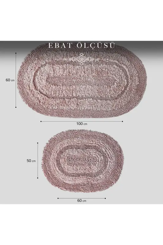 Macoroni Oval Pudra 2'li Banyo Paspası Seti %100 Pamuklu Banyo Halısı Klozet Takımı-Pudra - 7