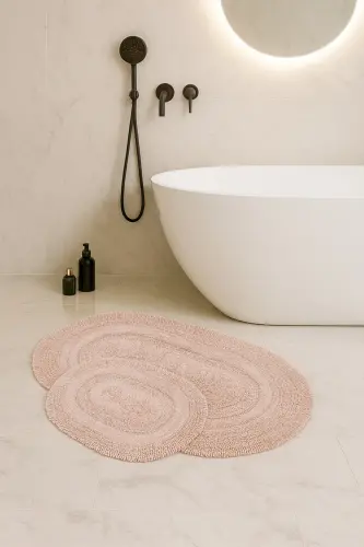 Macoroni Oval Pudra 2'li Banyo Paspası Seti %100 Pamuklu Banyo Halısı Klozet Takımı-Pudra 