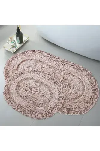 Macoroni Oval Pudra 2'li Banyo Paspası Seti Doğal Pamuklu Banyo Halısı Klozet Takımı-Pudra - 1