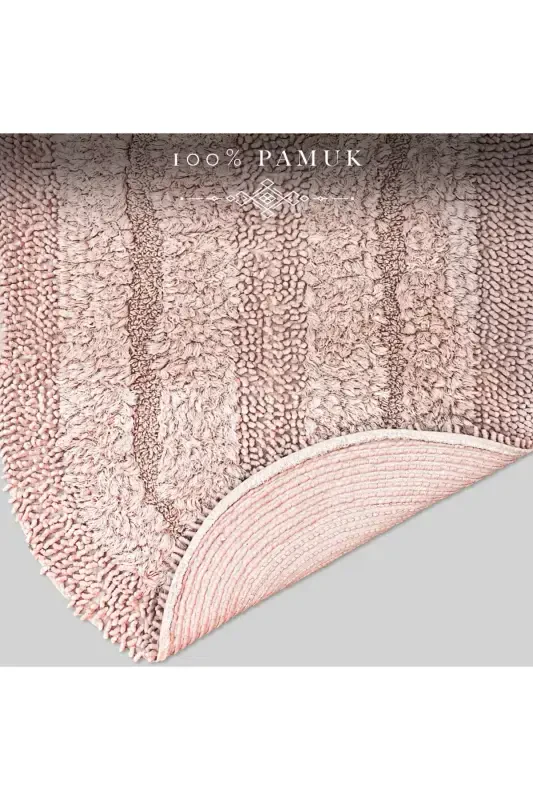 Macoroni Oval Pudra 2'li Banyo Paspası Seti Doğal Pamuklu Banyo Halısı Klozet Takımı-Pudra - 2