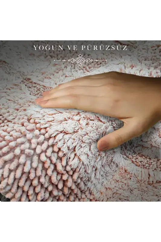 Macoroni Oval Pudra 2'li Banyo Paspası Seti Doğal Pamuklu Banyo Halısı Klozet Takımı-Pudra - 5