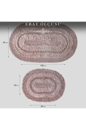 Macoroni Oval Pudra 2'li Banyo Paspası Seti Doğal Pamuklu Banyo Halısı Klozet Takımı-Pudra - 7