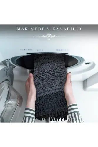 Macoroni Oval Siyah 2'li Banyo Paspası Seti %100 Pamuklu Banyo Halısı Klozet Takımı-Siyah - 6
