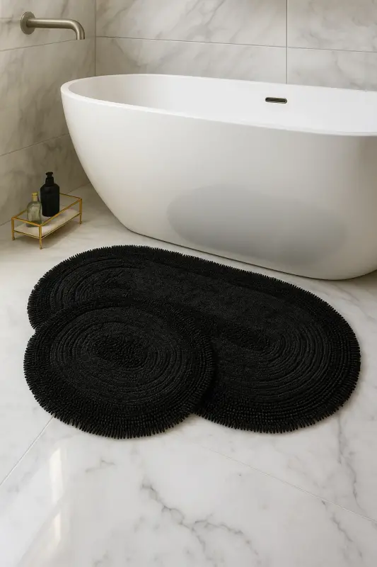 Macoroni Oval Siyah 2'li Banyo Paspası Seti %100 Pamuklu Banyo Halısı Klozet Takımı-Siyah - DOKUMACIOĞLU