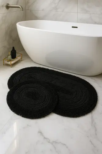 Macoroni Oval Siyah 2'li Banyo Paspası Seti %100 Pamuklu Banyo Halısı Klozet Takımı-Siyah 