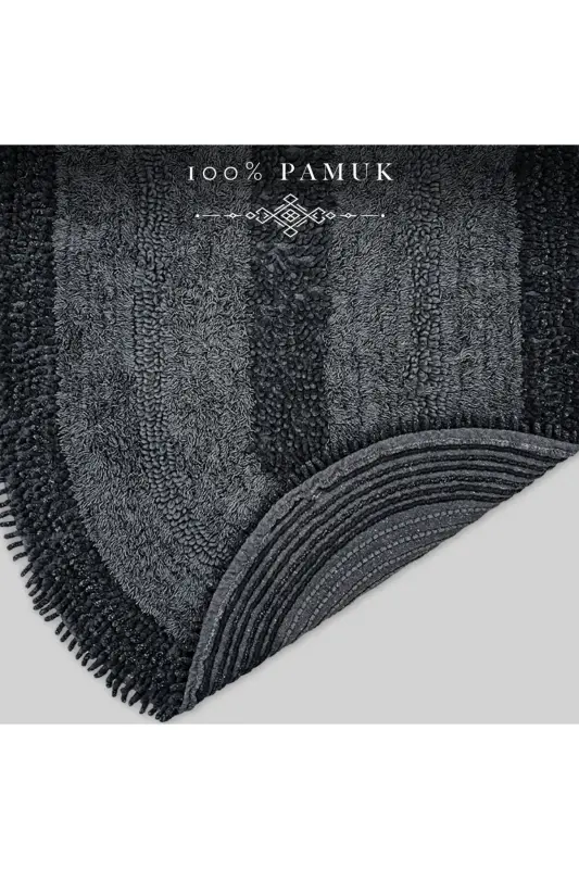 Macoroni Oval Siyah 2'li Banyo Paspası Seti %100 Pamuklu Banyo Halısı Klozet Takımı-Siyah - 2