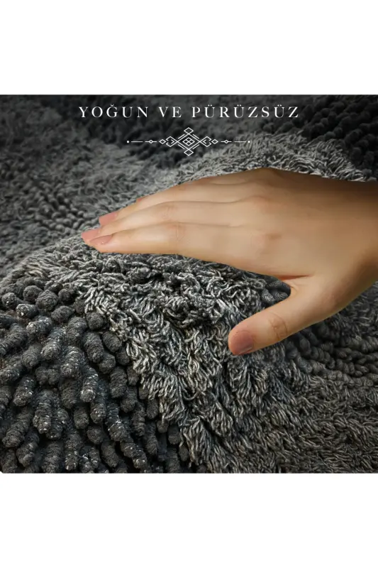 Macoroni Oval Siyah 2'li Banyo Paspası Seti %100 Pamuklu Banyo Halısı Klozet Takımı-Siyah - 5