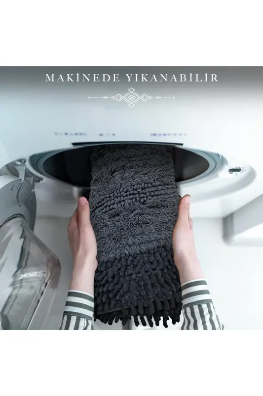 Macoroni Oval Siyah 2'li Banyo Paspası Seti %100 Pamuklu Banyo Halısı Klozet Takımı-Siyah - 6