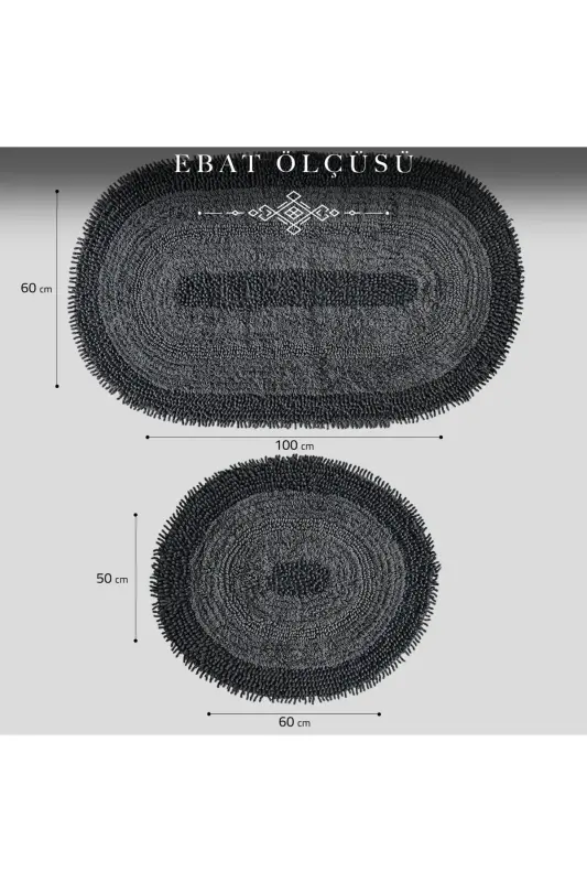 Macoroni Oval Siyah 2'li Banyo Paspası Seti %100 Pamuklu Banyo Halısı Klozet Takımı-Siyah - 7