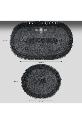 Macoroni Oval Siyah 2'li Banyo Paspası Seti %100 Pamuklu Banyo Halısı Klozet Takımı-Siyah - 7
