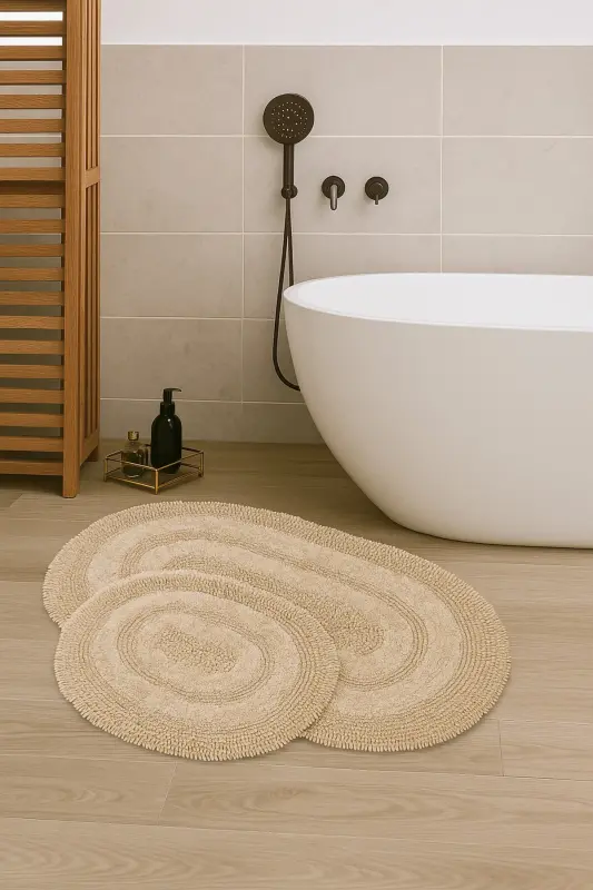 Macoroni Oval Vizon 2'li Banyo Paspası Seti %100 Pamuklu Banyo Halısı Klozet Takımı-Vizon - DOKUMACIOĞLU