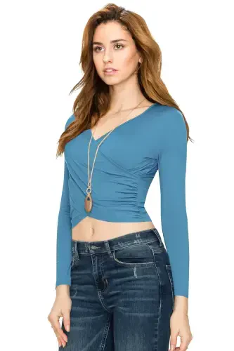 Made by Johnny Women's Deep V Neck Long Sleeve Cross Wrap Fitted Crop Top M DENIM - 5
