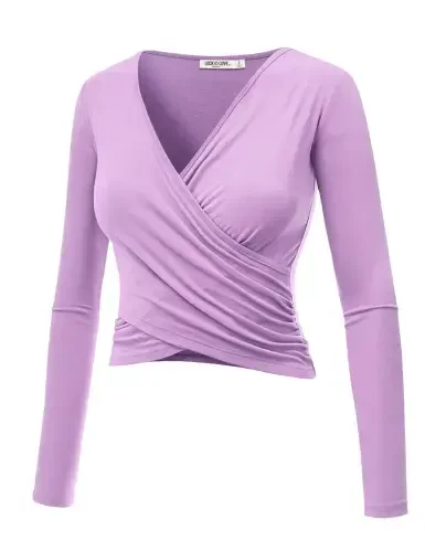 Made by Johnny Women's Deep V Neck Long Sleeve Cross Wrap Fitted Crop Top XL LILAC - 3