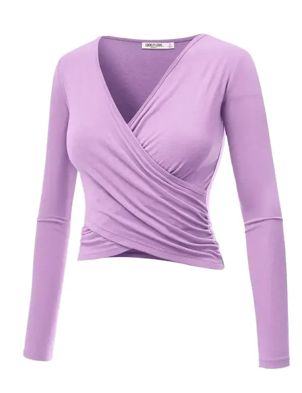 Made by Johnny Women's Deep V Neck Long Sleeve Cross Wrap Fitted Crop Top XL LILAC - 3