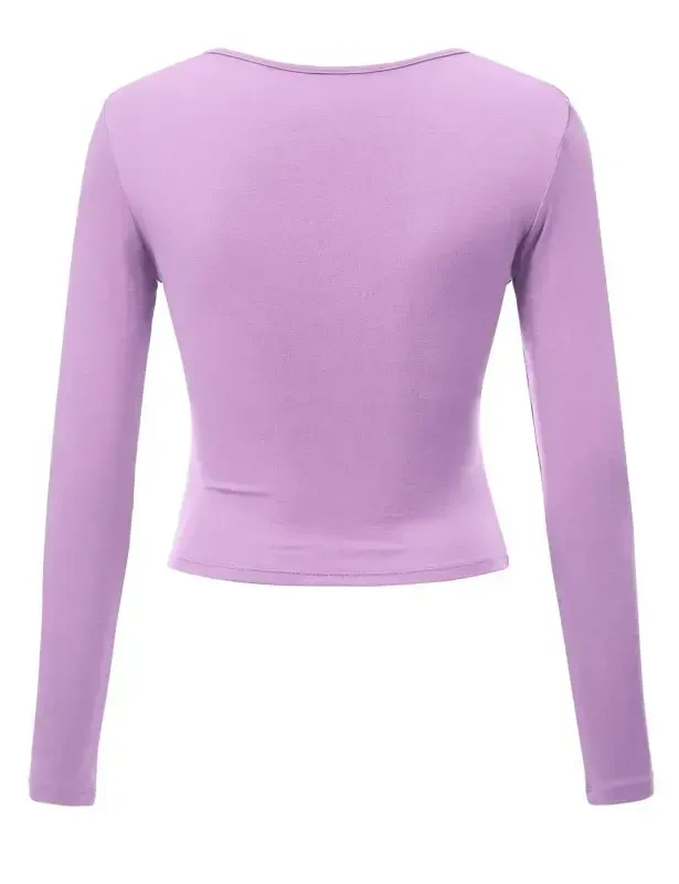 Made by Johnny Women's Deep V Neck Long Sleeve Cross Wrap Fitted Crop Top XL LILAC - 4