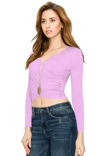 Made by Johnny Women's Deep V Neck Long Sleeve Cross Wrap Fitted Crop Top XL LILAC - 5