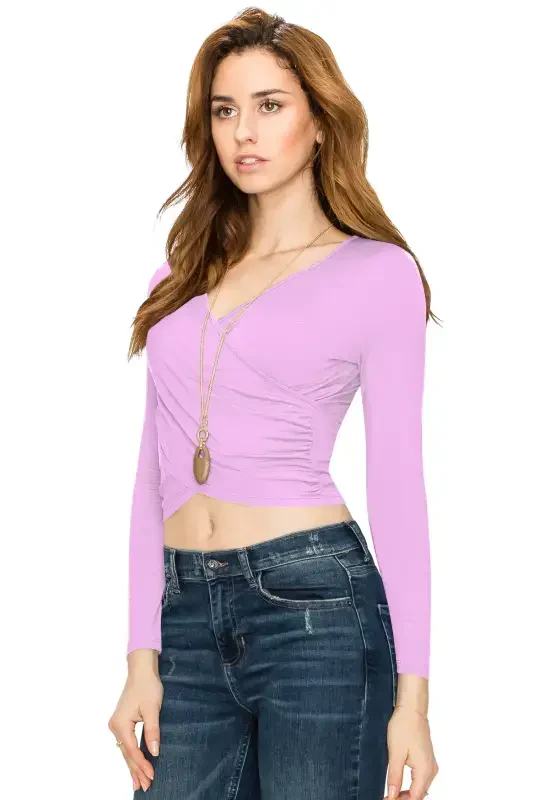 Made by Johnny Women's Deep V Neck Long Sleeve Cross Wrap Fitted Crop Top XL LILAC - 5