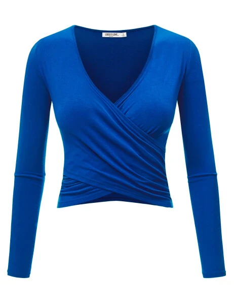 Made by Johnny Women's Deep V Neck Long Sleeve Cross Wrap Fitted Crop Top XL ROYAL_BRITE - MADE BY JOHNNY
