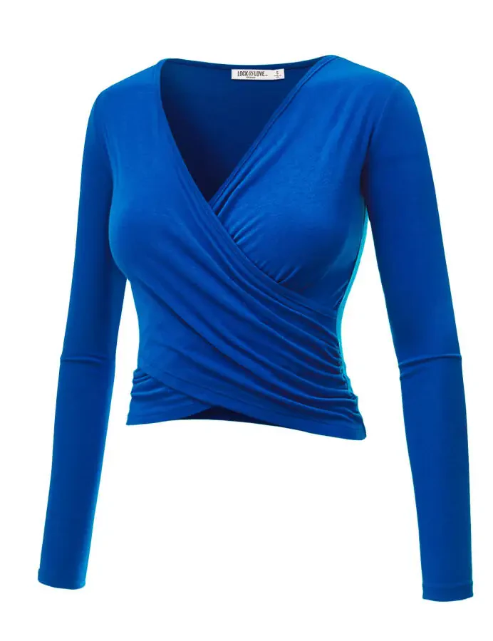 Made by Johnny Women's Deep V Neck Long Sleeve Cross Wrap Fitted Crop Top XL ROYAL_BRITE - 2