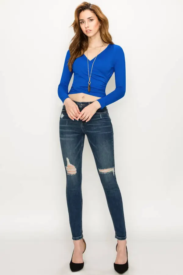 Made by Johnny Women's Deep V Neck Long Sleeve Cross Wrap Fitted Crop Top XL ROYAL_BRITE - 5