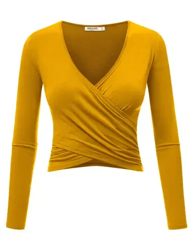 Made by Johnny Women's Deep V Neck Long Sleeve Cross Wrap Fitted Crop Top XXL MUSTARD - Modazone (1)