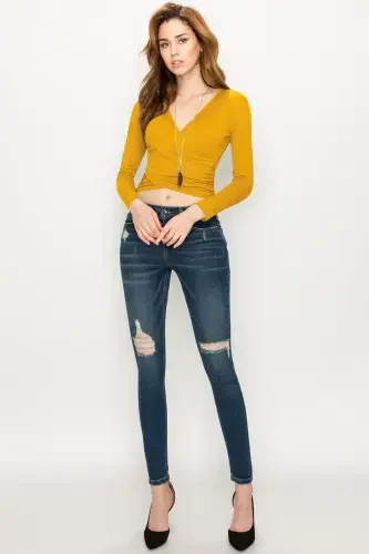 Made by Johnny Women's Deep V Neck Long Sleeve Cross Wrap Fitted Crop Top XXL MUSTARD - 3