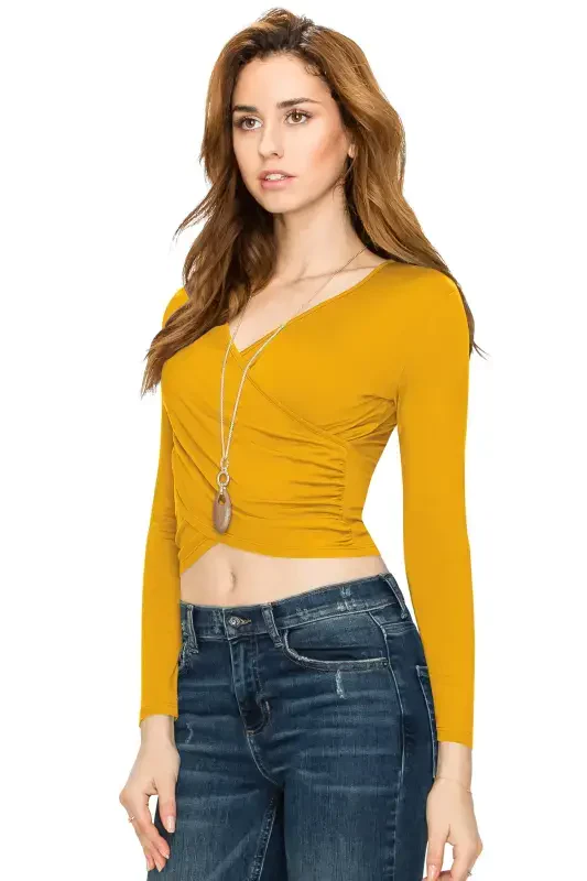 Made by Johnny Women's Deep V Neck Long Sleeve Cross Wrap Fitted Crop Top XXL MUSTARD - 4