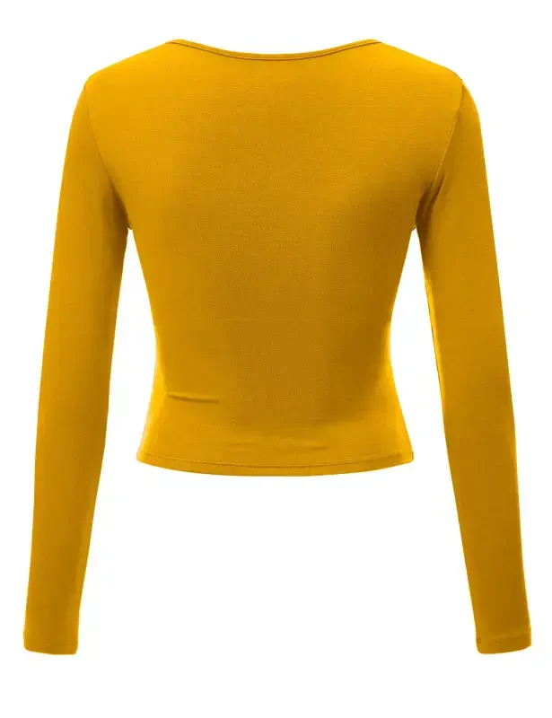 Made by Johnny Women's Deep V Neck Long Sleeve Cross Wrap Fitted Crop Top XXL MUSTARD - 5