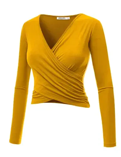 Made by Johnny Women's Deep V Neck Long Sleeve Cross Wrap Fitted Crop Top XXL MUSTARD - 6