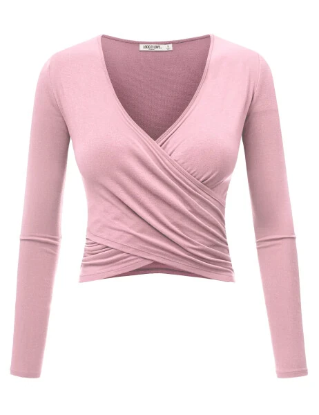 Made by Johnny Women's Deep V Neck Long Sleeve Cross Wrap Fitted Crop Top XXL PINK - 1