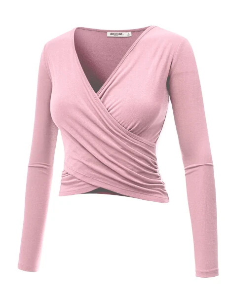Made by Johnny Women's Deep V Neck Long Sleeve Cross Wrap Fitted Crop Top XXL PINK - 2