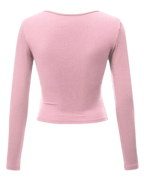 Made by Johnny Women's Deep V Neck Long Sleeve Cross Wrap Fitted Crop Top XXL PINK - 3