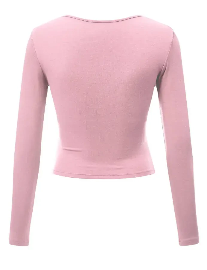Made by Johnny Women's Deep V Neck Long Sleeve Cross Wrap Fitted Crop Top XXL PINK - 3