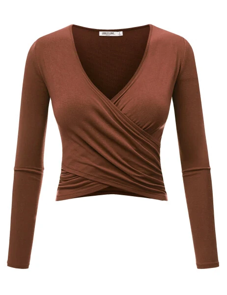 Made by Johnny Women's Deep V Neck Long Sleeve Cross Wrap Fitted Crop Top XXL RUST - Modazone