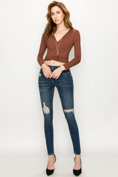 Made by Johnny Women's Deep V Neck Long Sleeve Cross Wrap Fitted Crop Top XXL RUST - 5